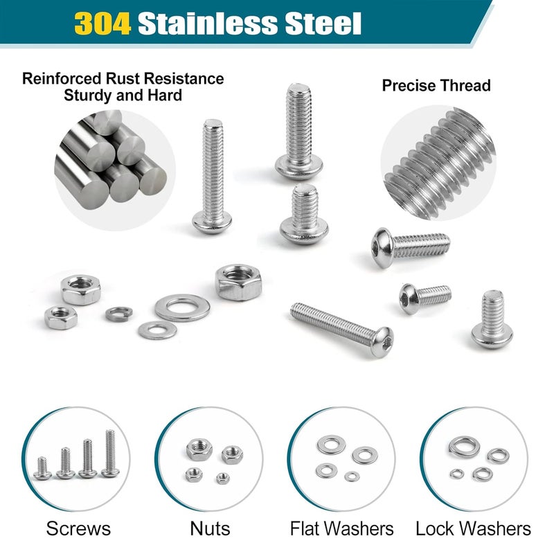 SATANTECH 1625Pcs M2 M3 M4 M5 Metric Screw Assortment,304 Stainless Steel Metric Bolts and Nuts Assortment Kit,Hex Socket Button Head Metric Machine Screws with Flat and Lock Washers - Image 2